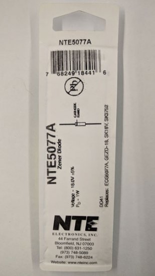 NTE5077A Zener Diode 18.0V 1W, DO-41/DO-15 (2Pk)