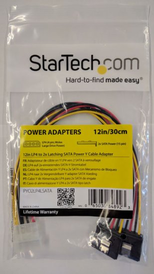 12in LP4 to 2x Latching SATA Power Y Cable 4 Pin Molex/2SATA