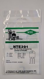 NTE391 T-PNP, Si, Power Amp, High Speed Switch (Compl to NTE390)