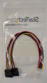 12in LP4 to 2x Latching SATA Power Y Cable 4 Pin Molex/2SATA