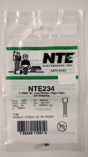 NTE234 T-PNP, Si, LoNoise, Hi Gain, AF Preamp (Compl to NTE2696)