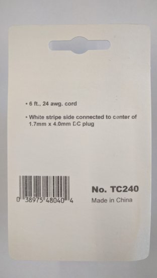 Size B 4.0/1.7mm 90° Coaxial DC Power Plug In-Line 6' Lead 24Awg