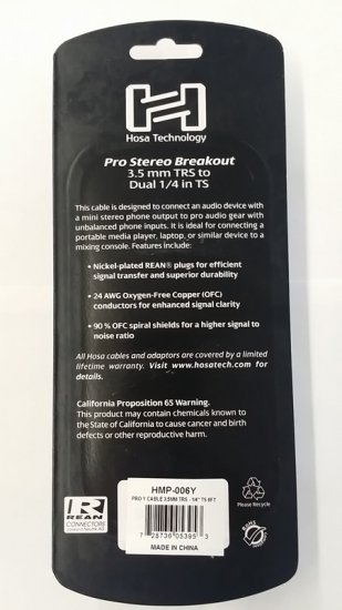 6Ft Pro Stereo Breakout Cable REAN 3.5mm TRS to Dual 1/4in TS