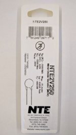 NTE2V250 MOV 250V RMS, 16mm, 70 Joules, ITM=4500A, VCL=630V