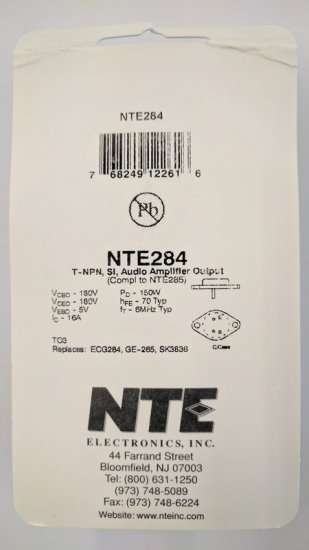 NTE284 T-NPN, Si, Audio Amplifier Output (Compl to NTE285)