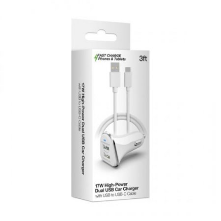 17W High-Power Dual USB Car Charger, 3Ft USB-C Cable, White