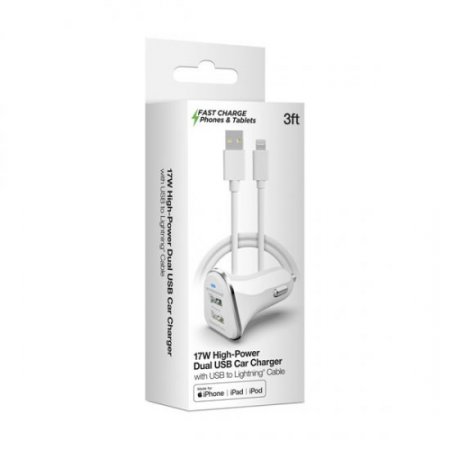 17W High-Power Dual USB Car Charger, 3Ft Lightning Cable, White