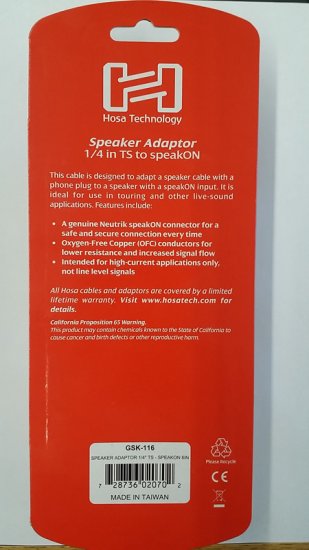 Speaker Adaptor Hosa 1/4 in TS to Neutrik speakON 16Awg