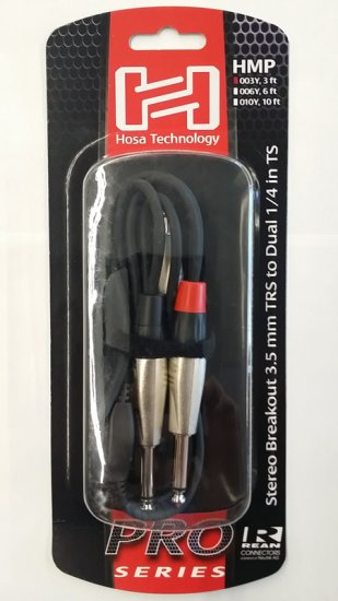 3Ft Pro Stereo Breakout Cable REAN 3.5mm TRS to Dual 1/4in TS