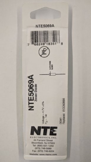 NTE5069A Zener Diode 4.7V 1W, DO-41/DO-15 (2Pk)