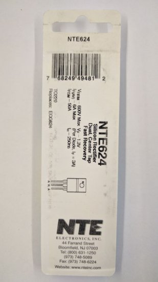 NTE624 Si Rectifier, Fast Recovery, Dual, Center Tap, 600V, 6A,
