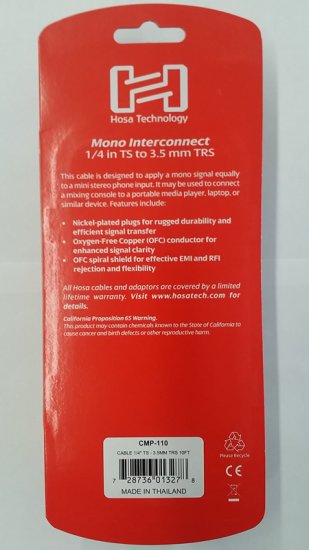 10Ft Mono Interconnect Cable 1/4in TS to 3.5mm TRS