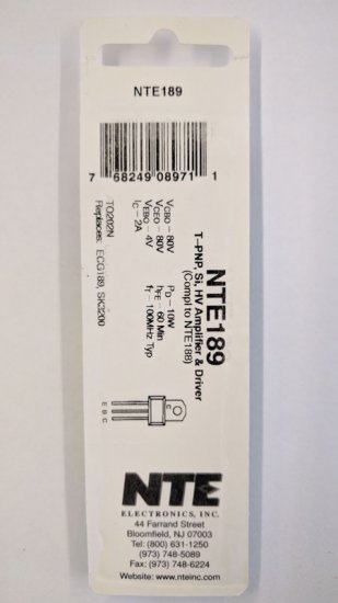 NTE189 T-PNP, Si, High Volatage Amp/Driver (Compl to NTE188)