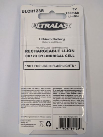 Ultralast ULCR123R 3V 600mA Rechargable Lithium Battery