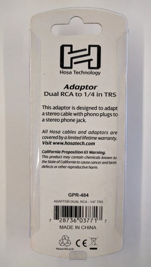 Adaptor, Dual RCA(F) to 1/4in(M) TRS
