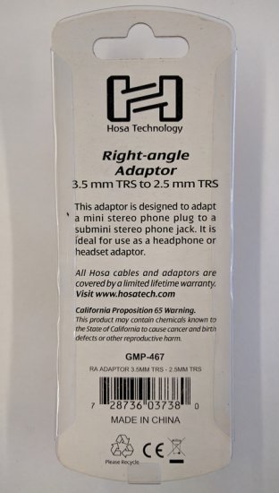 Right-angle Adaptor, 3.5mm TRSF to 2.5mm TRSM