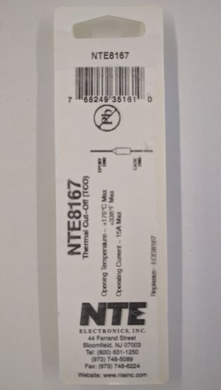 NTE8167 Thermal Fuse 169°C/336°F 15A Axial