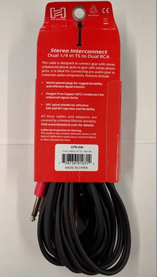 19.8Ft (6M) Stereo Interconnect Dual 1/4 in TS to Dual RCA