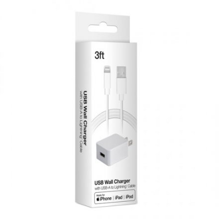 USB Wall Charger 5V 1A with 3Ft USB-A to Lightning Cable - White