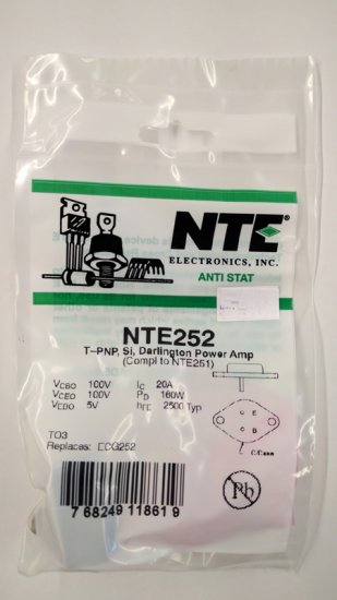 NTE252 T-PNP, Si, Darlington Power Amp (Compl to NTE251)