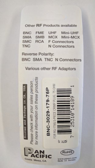 BNC Plug 3-Piece Crimp RG-179/U 75-ohm for 30Awg