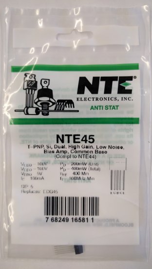 NTE45 T-PNP, Si, Dual, HiGain, LoNoise, BiasAmp (Compl to NTE44)