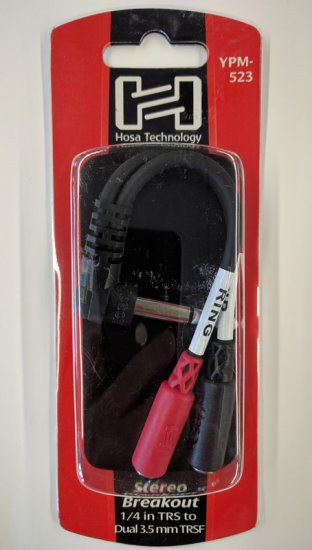 6in Stereo Breakout Right-angle 1/4 in TRS to Dual 3.5 mm TRSF