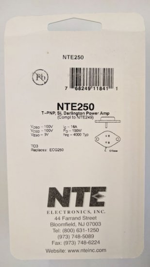 NTE250 T-PNP, Si, Darlington Power Amp (Compl to NTE249)