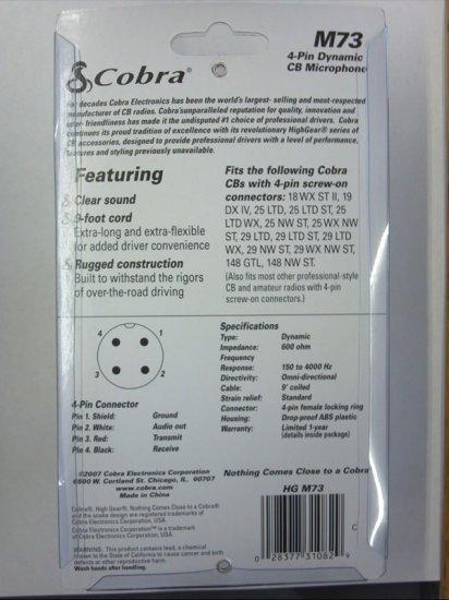 4-Pin Locking Cobra Premium Dynamic Replacement CB Mic M73