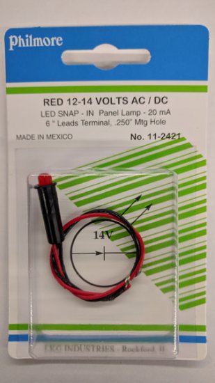 Red 12-14V AC/DC Snap In 5mm LED 20ma 6" Leads