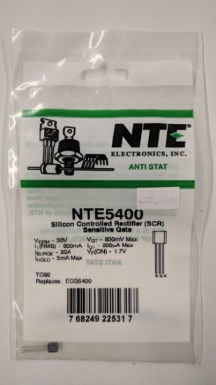 NTE5400 SCR, Sensitive Gate, 30V 0.8A, TO92