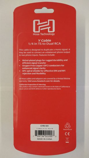 3.3Ft (1m) Y Cable, 1/4in TS Male to Dual RCA Male