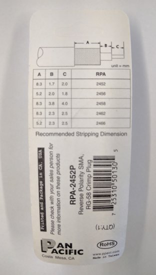 RP-SMA Plug 3-Piece Crimp-On RG-58/U (Gold)