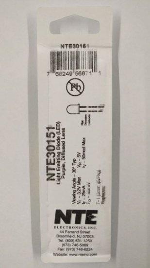 3mm UV/Purple LED 50mcd (5Pk) White Diffused Lens