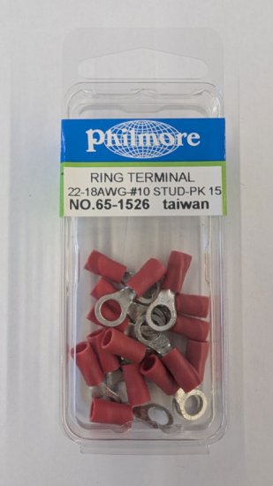 Ring Terminal Insulated 22-18Awg #10 Stud (15Pk) Red Vinyl