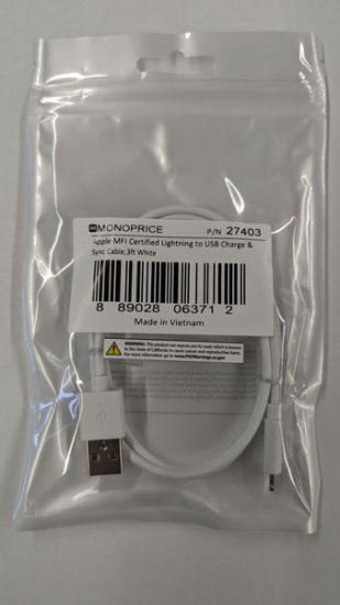 3Ft MFi Lightning to USB Charge/Sync Cable for iPad/iPhone White