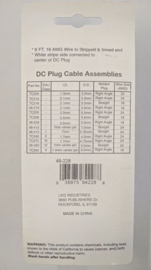 Size N 5.5/2.5mm 90° Coaxial DC Power Plug In-Line 6' Lead 18Awg