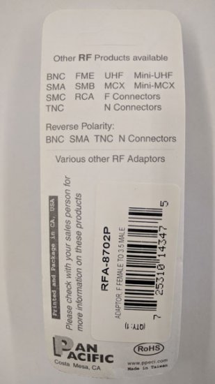 RF Adapter F Jack to (3.5mm)1/8" Mono Plug