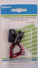 9V Snap Battery Connector 6" Leads (2Pk) Plastic