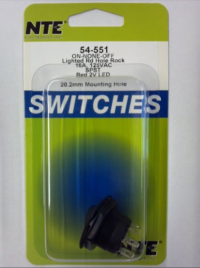 Round Rocker w/3V Red LED SPST On-None-Off 125V 16A