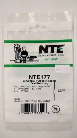NTE177 Diode Si, 200V 0.25A Gen Purpose Rectifier Fast Switching