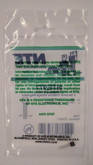 NTE977 IC, Positive 3 Terminal Voltage Regulator, 5V 100mA, TO92