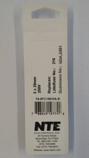 0.16 Amp (160mA) GDA Ceramic Fuse (5Pk) Fast Acting 5x20mm NTE