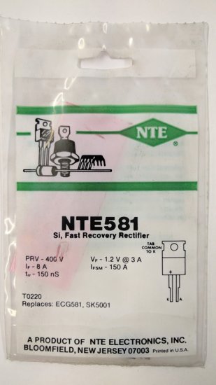 NTE581 Gen Purpose Si Rectifier, Fast Recovery, 400V, 8A, 150NS