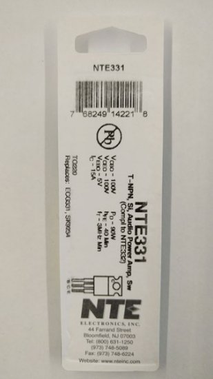 NTE331 T-NPN, Si, Audio Power Amp, Switch (Compl to NTE332)