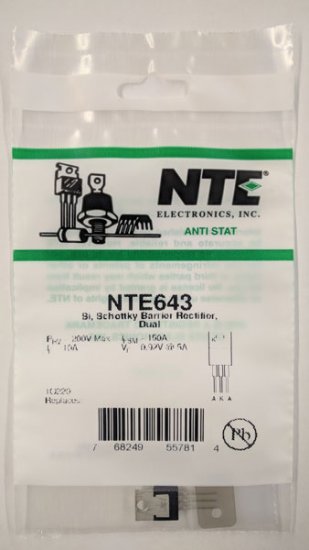 NTE643 Silicon Dual Schottky Rectifier, 200V 10A, TO220
