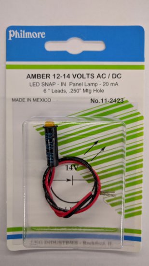 Amber 12-14V AC/DC Snap In 5mm LED 20ma 6" Leads