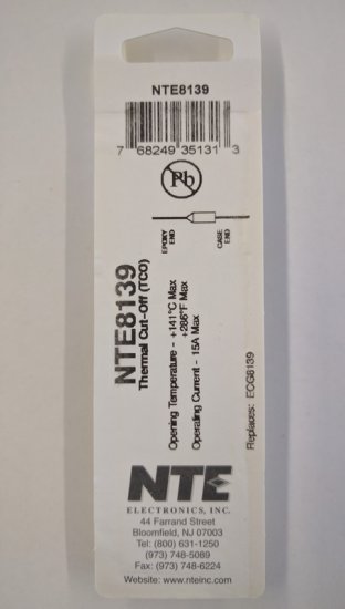 NTE8139 Thermal Fuse 141°C/286°F 15A Axial