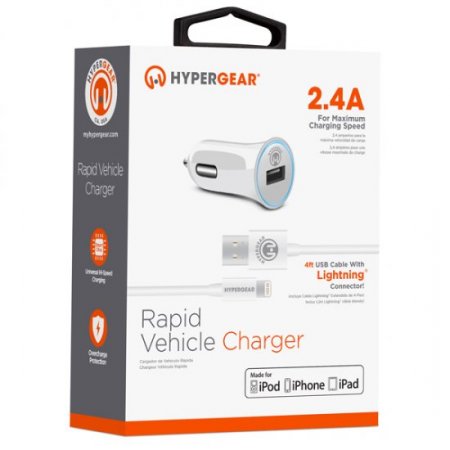 HyperGear 2.4A Rapid Car Charger w/4ft MFi Lightning Cable White