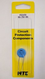 NTE2V250 MOV 250V RMS, 16mm, 70 Joules, ITM=4500A, VCL=630V